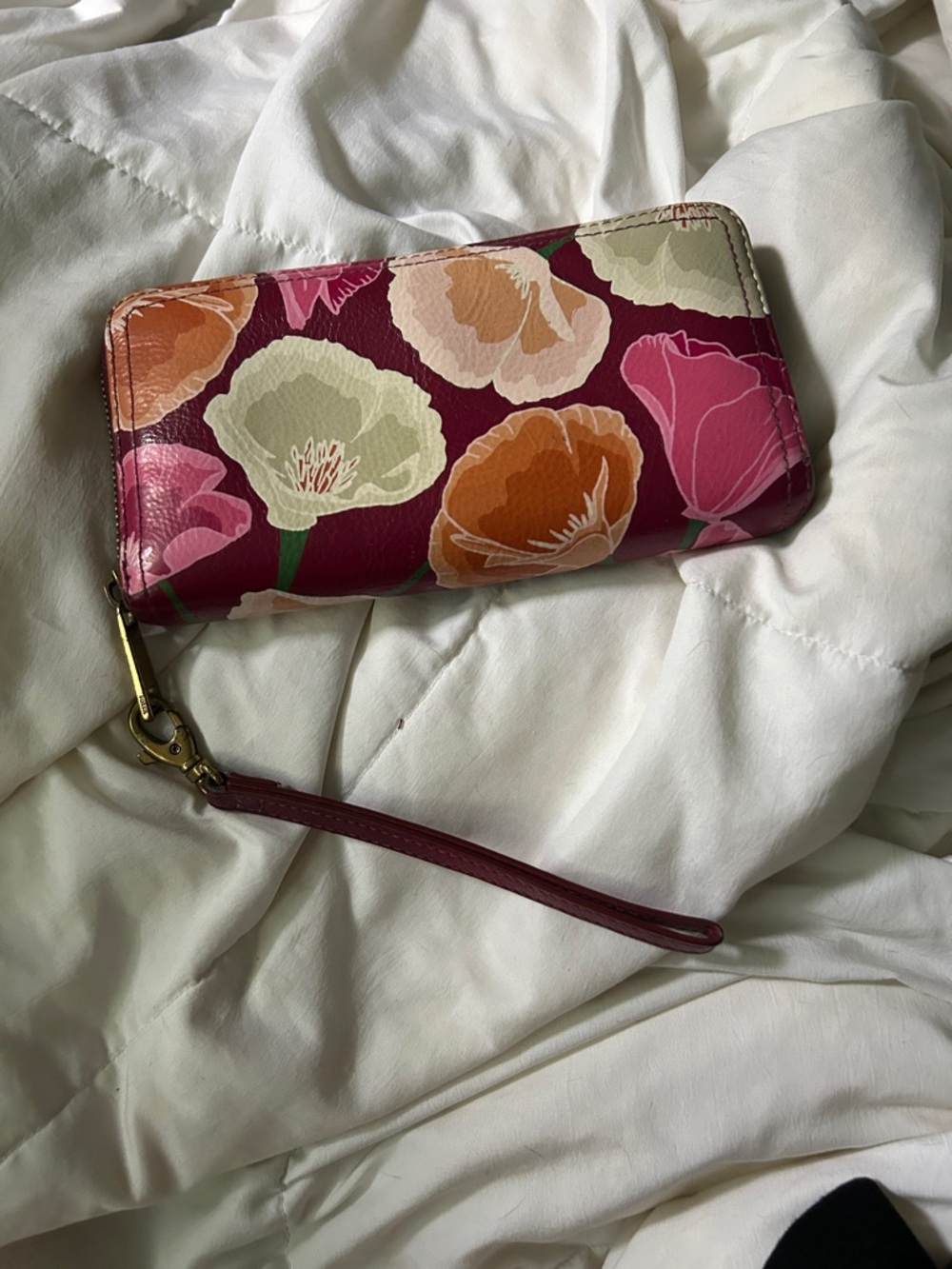 Floral Print Zip-Around Wristlet Wallet - Burgundy Multi